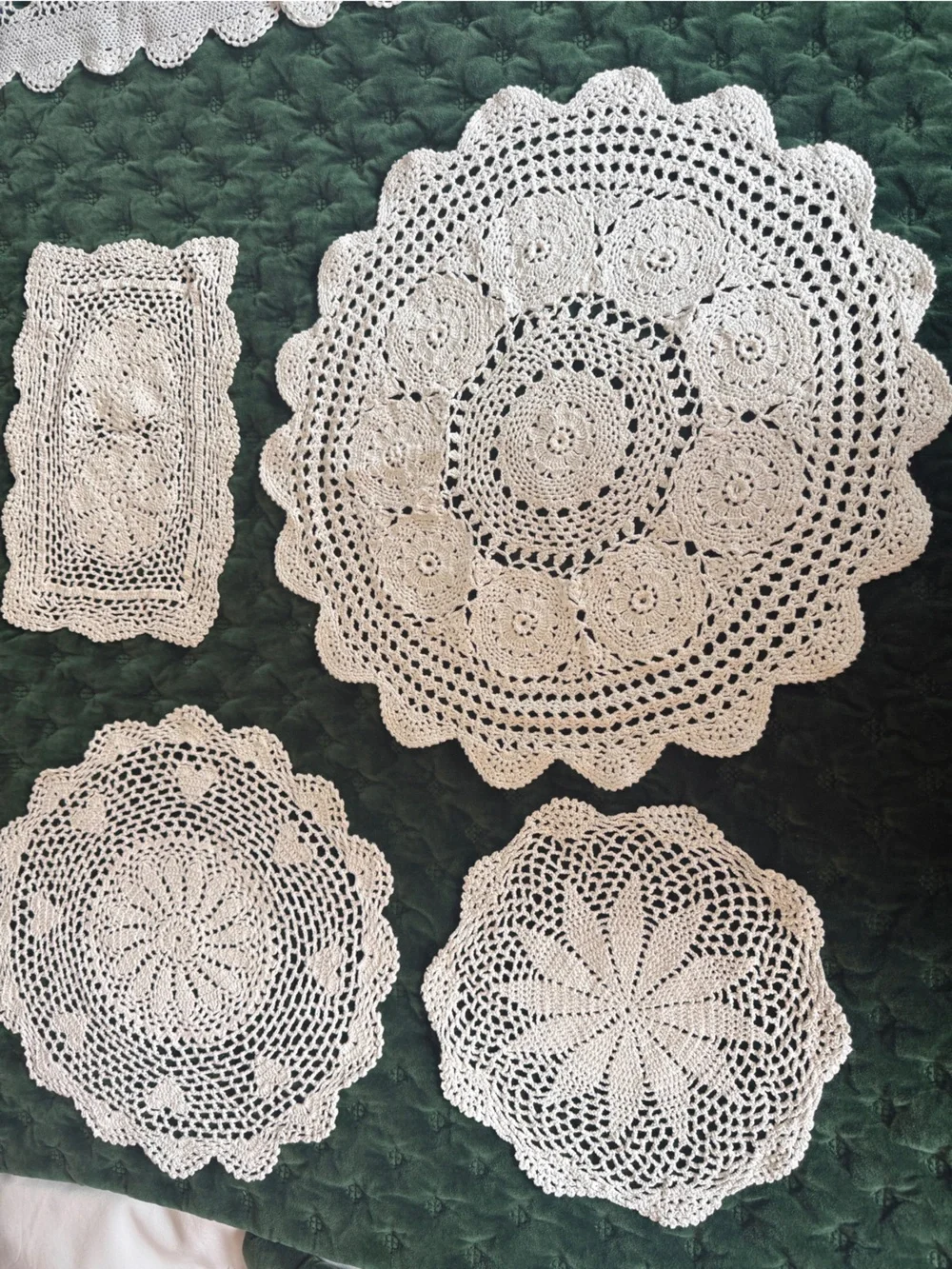 4 Pc Cotton Crochet Doily Set Ecru Floral Round & Rectangle Doilies